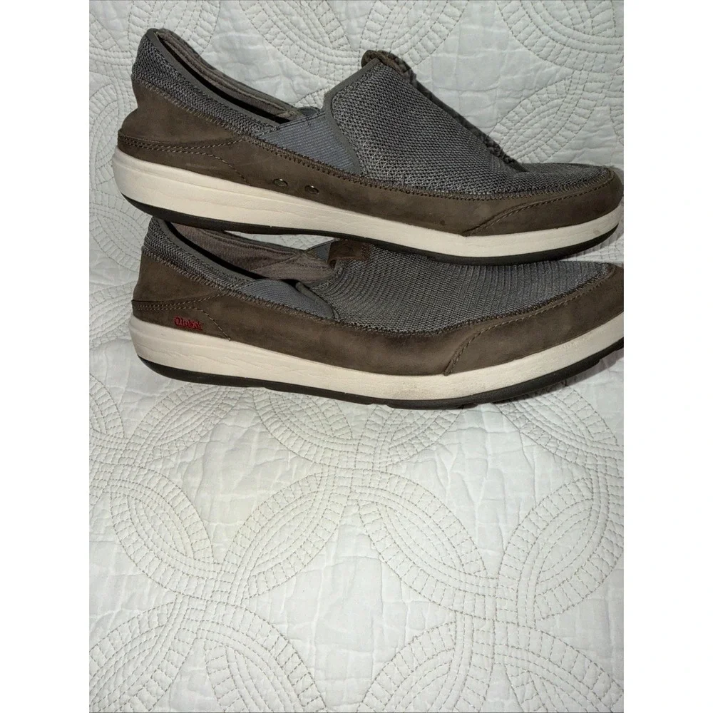 Olukai Makia Men's 12 Slip On Loafer Gray Mesh Brown Leather Boat Shoes